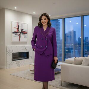 Women's Vintage 2 PC Wool Skirt Suit Size 11 Purple Embroidered Lined Career